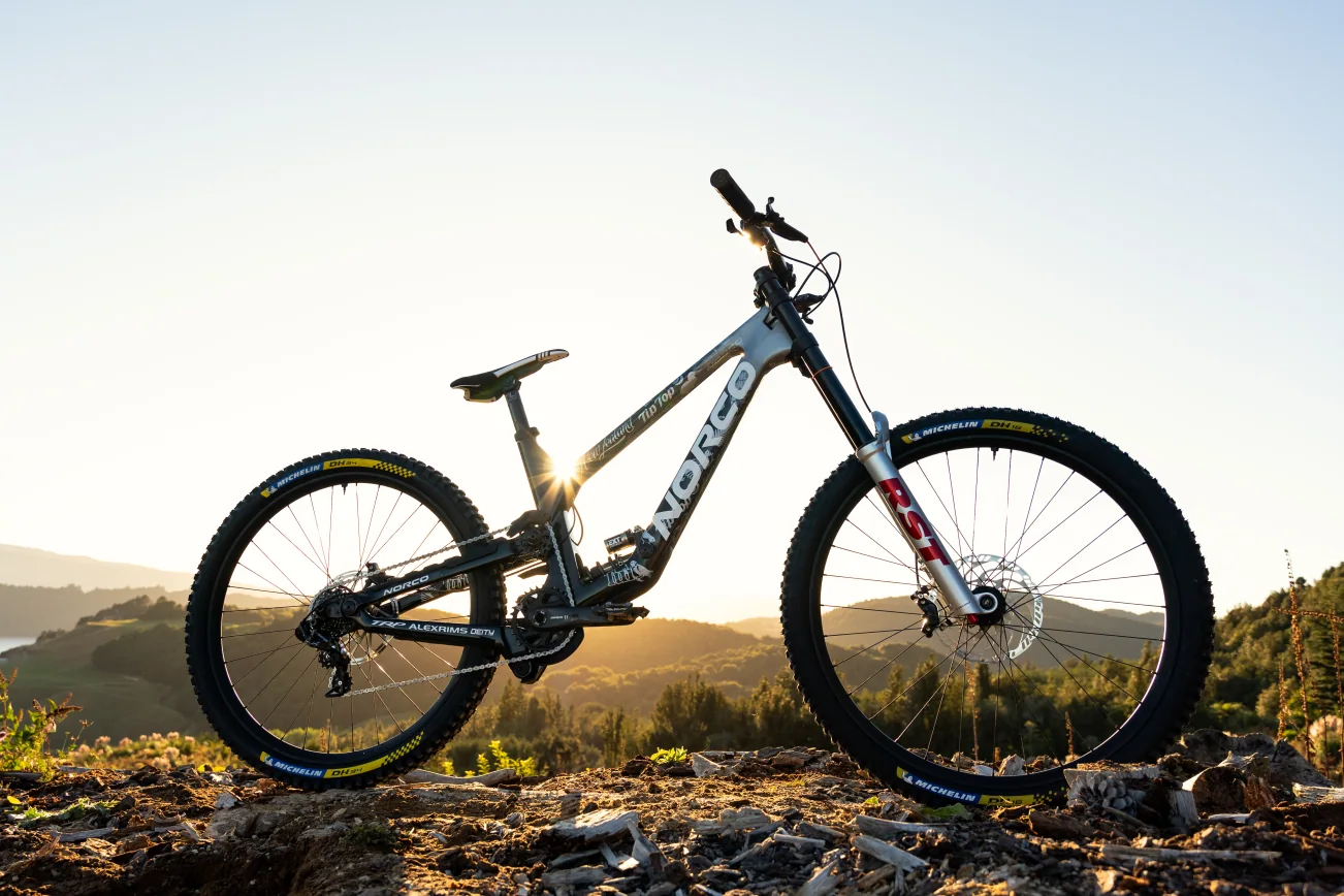 Norco Range DH race bike at sunset